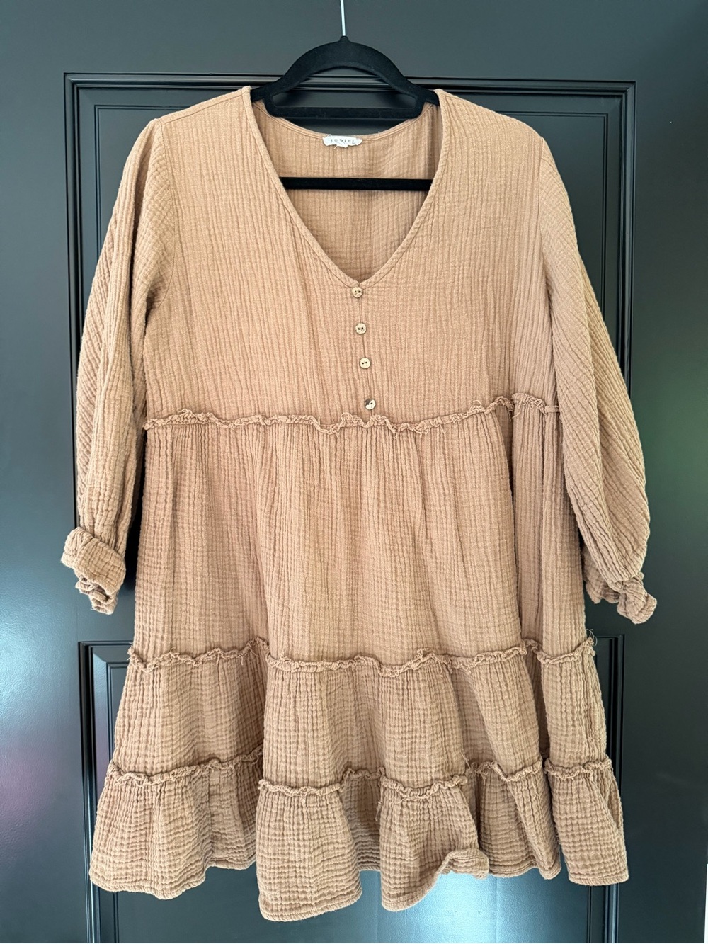 JODIFL Tan Tiered V-Neck Long Sleeve Babydoll Dress